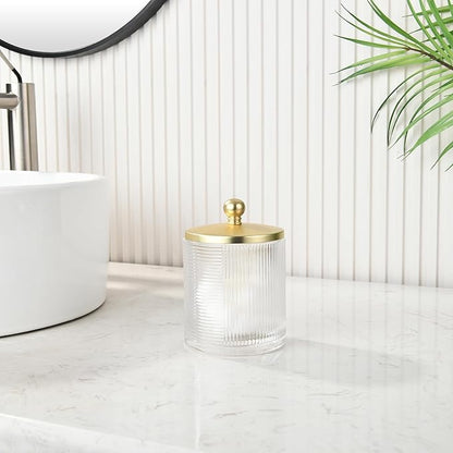 Glass Cotton Jar Holder Matte Gold Lid, Elegant Bathroom Storage Canister for Qtips, Cotton Balls, Floss, Makeup Organizer, Vanity Bathroom Organization