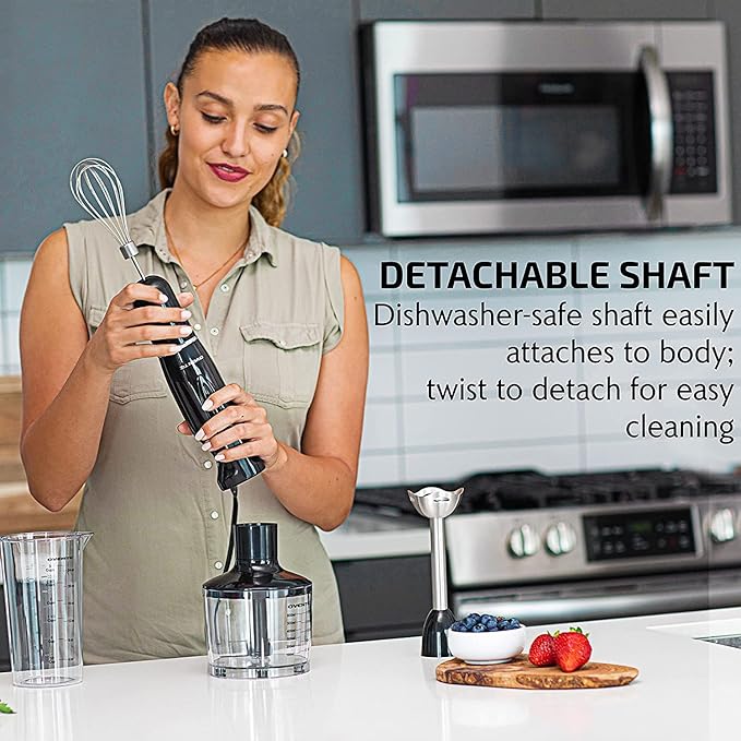 OVENTE Immersion Hand Blender, 300W Electric Handheld Portable Stick Mixer Set with 2 Mixing Speed, Stainless Steel Blades, Egg Whisk Attachment, Mixing Beaker and BPA-Free Food Chopper, Black HS565B