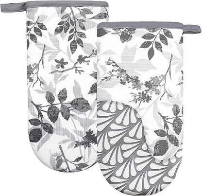 Thumb Oven Mitts, Heat and Slip Resistant Silicone Kitchen Mittens 2-Pack Set, Foliage Textured Flower Soft Long Oven Gloves, Flexible Thick Potholders for Safe Baking Cooking and Gr (Grayish)