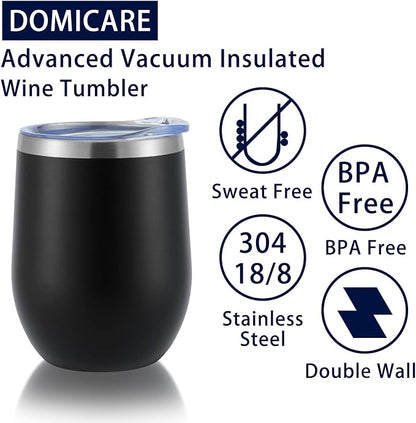 DOMICARE Stainless Steel Wine Tumbler Bulk with Lid, Personalized Insulated Tumblers Set, 12oz Travel Coffee Cups Pack of 16, Black