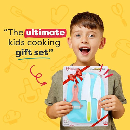 Baketivity Kid Safe Plastic Knives For Real Cooking With Cutting Board, Peeler For Kitchen - Knife Set With Blunt Tip, Dishwasher Safe, BPA Free Kids Knives For Cutting