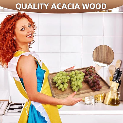 2pcs 15"x10" Large Solid Acacia Wood Serving Trays Rectangular Wooden Serving Platters Natural Wooden Boards for Bar Coffee Party（Wood Log Color）