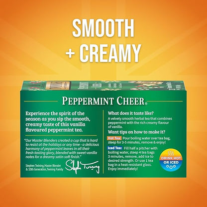 Twinings Peppermint Cheer Herbal Tea Individually Wrapped Bags, 20 Count (Pack of 6), Peppermint & Creamy Vanilla, Naturally Caffeine-Free, Enjoy Hot or Iced, 120 Teabags