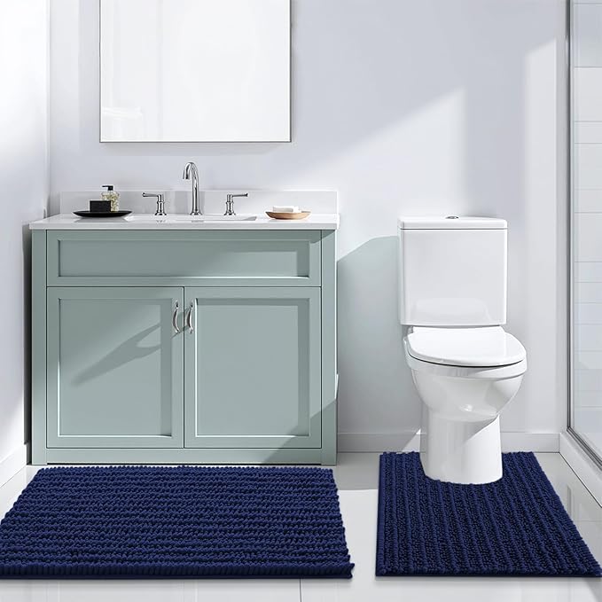 Arotive Luxury Chenille Bathroom Rug Mat, Extra Soft Thick Absorbent Shaggy Bath Rugs, Non-Slip Machine Wash Dry, Plush Bath Mats for Bathroom, Shower and Tub, 45x27, Navy