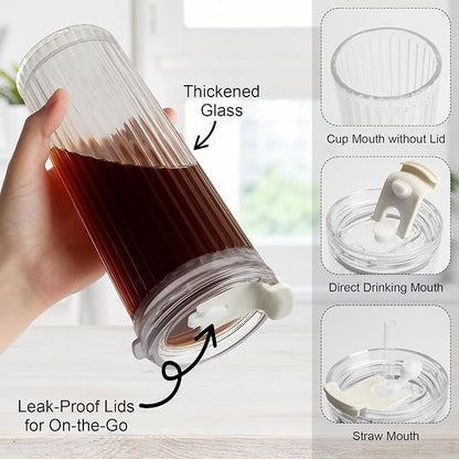 WERTIOO 20 Oz Ribbed Glass Tumblers with Straw and Lid, Glassware Drinking Glasses Set of 2, Leak Proof Ice Coffee Cups Reusable, Thickened Glass, Ideal for Iced Coffee, Smoothies and Juices