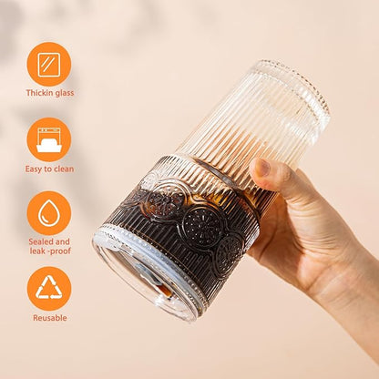 20oz Ribbed & Floral Glass Tumbler Set of 4 – Reusable Glass Cups with Lid and Glass Straw, To-Go Iced Coffee Cups for Water, Smoothie, Milk, Cocktail & More – Perfect for Daily Use & Travel