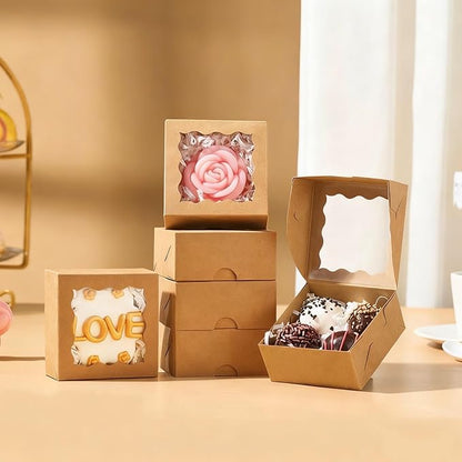 3.2x3.2x1.5 Inches 100PCS Chocolate Truffle Boxes Mini Bakery Boxes with Window for Cookies,Soap,Donut, Macaron,Brownie(Brown)