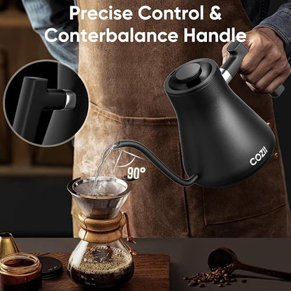 COZII Gooseneck Electric Kettle, 5 Presets & ±1℉ Temperature Control 1200W Quick Heating Water Boiler for Coffee/Tea, 24H Keep Warm, Auto Shut Off Pour Over Kettle with 50pcs Coffee Filter,0.9L Black