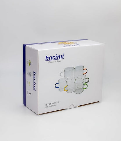 Bacimi® Clear Espresso Cups with Colorful Handles - Set of 6 / 4oz / 120ML - Borosilicate Glass Mugs for Cappuccino, Tea, Latte, & Hot Beverage - Mini Drinking Cups - Microwave Safe