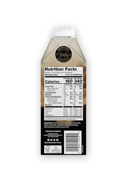 Elmhurst 1925 Toasted Almond Vanilla Latte – Plant-Based, Vegan, Dairy-Free Plant Milk Latte Made of Cold Brew Premium Arabica with 95mg Caffeine & Madagascar Vanilla – 25.4oz (Pack of 6)