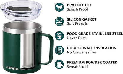 SUNWILL Travel Coffee Mug with Lid, Insulated Cup with Handle, 14 oz Stainless Steel Tumbler for Camping, Office, Outdoor, Powder Coated Forest Green