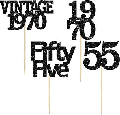 Gyufise 24Pcs Vintage 1970 Cupcake Toppers Glitter Cheers to 55 Fabulous Fifty Five Cupcake Picks 55th Birthday Wedding Anniversary Party Cake Decorations Supplies Black