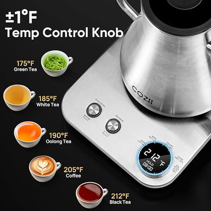COZII Gooseneck Electric Kettle,5 Presets & ±1℉ Temperature Control 1200W Quick Heating Water Boiler for Coffee/Tea, 24H Keep Warm, Auto Shut Off Pour Over Kettle with 50pcs Coffee Filter,0.9L Silver