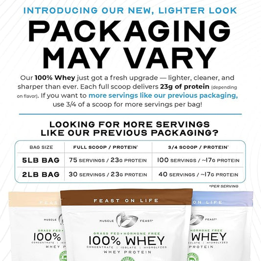 Muscle Feast 100% Grass Fed Whey Protein Powder, All Natural Hormone Free Paure Raised Whey Protein Powder for Women & Men- Whey Concentrate, Isolate & Hydrolyzed Protein Powder Blend - Chocolate, 2lb