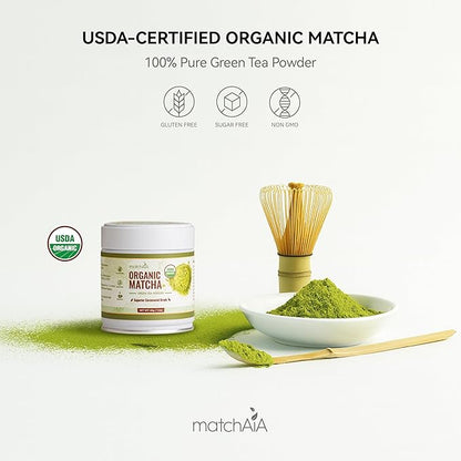 MatchAiA Organic Ceremonial Matcha Green Tea Powder - Superior Ceremonial Grade, First Spring Harvest, USDA Certified, 100% Pure - Sugar Free, Gluten Free (40g / 1.4oz Tin)
