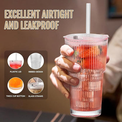 20oz Ribbed Glass Cups with Lids and Straws, Vintage Glass Tumbler with Straw, 2 Piece Iced Coffee Cups Set, Thicked Wall Drinking Glasses Ideal for Coffee