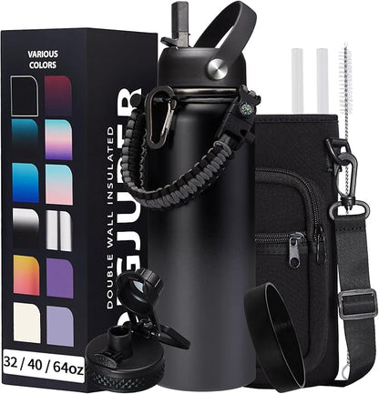 Vacuum Insulated Water Bottle 40oz - w/Straw Lid & Spout Lid, Carrier Bag, Paracord Handle, Bottle Boot, Stainless Steel Water Bottle for Adults, Wide Mouth Thermo Bottle Flask Cold-48H Hot-24H