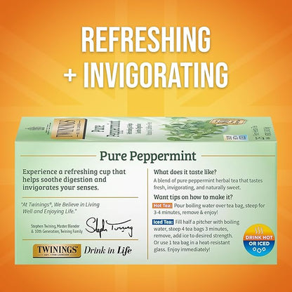 Twinings Pure Peppermint Herbal Tea Individually Wrapped Bags, 25 Count (Pack of 6), Fresh Minty Flavour, Naturally Caffeine-Free, Enjoy Hot or Iced, 150 Teabags