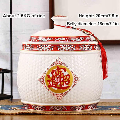 Chinese Sealed Large-Capacity Rice Pot, Ceramic Rice Bucket With Tassel Design, Grain Storage Ceramic Container, Rice Dispenser Airtight Storage Bucket For Grains Snacks Candy Coffee Beans Food(A,Capa