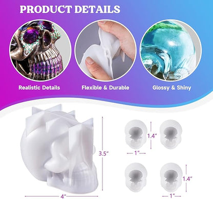 LET'S RESIN Resin Molds Silicone, 1 Pc Large Silicone Skull Epoxy Molds with 4 Pcs Small Skeleton Epoxy Resin Molds for Resin Casting Art Crafts, Candle Making, Home Decor, Pendants, Keychains