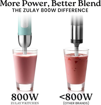 Zulay Immersion Stick Mixer Hand Blender - 800 Watts, Turbo Mode, 5-ft Power Electric Cord, Handheld Portable, Stainless Steel Blades - For Effortless Blending Smoothie, Soup, Baby Food, Puree - Aqua
