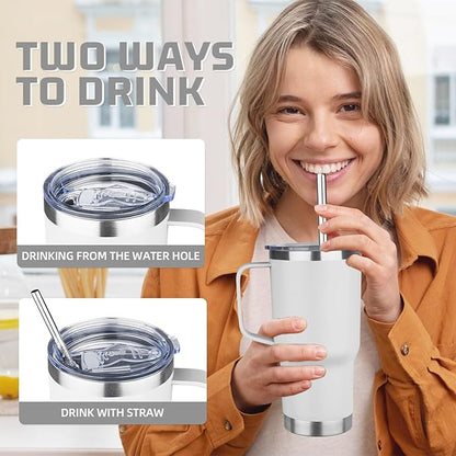 20 oz Tumbler with Handle Stainless Steel Insulated Coffee Mug Tumbler with Lid and Straw Double Wall Vacuum Insulated Coffee Mug Leak Proof Travel Mug Tumbler for Hot and Cold Drink (White,4pack)