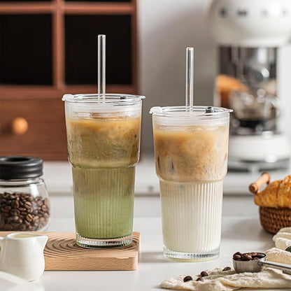 INSETLAN 530ml Glass Cups with Straws & Straw Cleaner, Set of 4, Clear Ribbed Drinking Glasses with Plastic Lids for Water, Juice, Iced Coffee & Smoothies, Dishwasher Safe