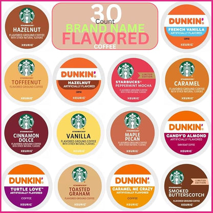 30 Count -- Flavored Starbucks & Dunkin Variety Pack Coffee Pods K Cup Sampler – Starbucks - Hazelnut, Cinnamon Dolce, Maple Pecan, Smoked Butterscotch, Toasted Graham, Caramel, Vanilla & Toffeenut. Dunkin - Turtle Love, Candy'd Almond, Caramel Me Craz...