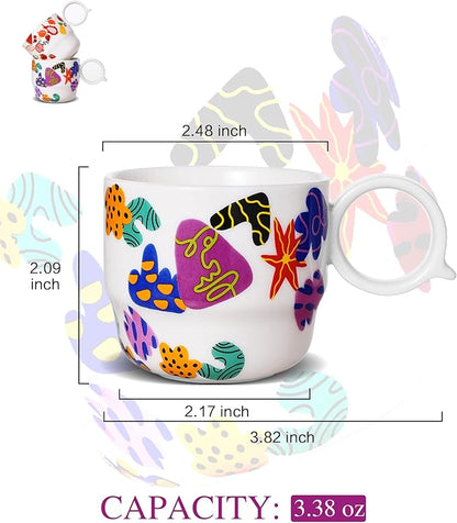 Ceramic Espresso Cups Set of 2 – Mini 3 oz Double Espresso Coffee Cups Small Espresso Shot Cups with Cute Q Handle, Gift for Coffee Lovers, Floral and fruit Patterns-White