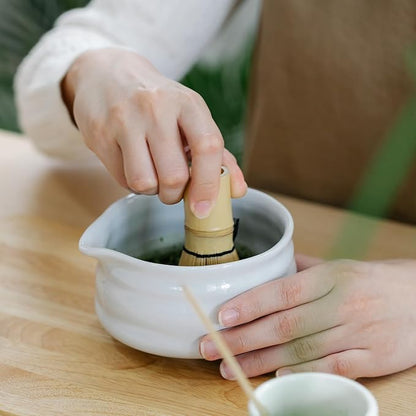 Marce Matcha Whisk Set- Matcha Set includes Matcha Whisk and Bowl with Spout, Sifter, Holder and Scoop- The Perfect Bamboo Whisk for Matcha Tea (White)