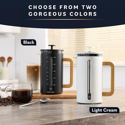 Home Hero French Press Coffee Maker - 34 oz Coffee Press with Bamboo Wood Handle, Heat Resistant Thick Borosilicate Glass French Presses, 4 Layer Filter, French Press Stainless Steel (Light Cream)