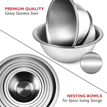 EATEX Stainless Steel Mixing Bowls with Measuring Cups & Spoons Set of 14 - Dishwasher Safe Nesting Mixing Bowl Set for Cooking, Baking & Meal Prep Non-Slip Premium Bowls
