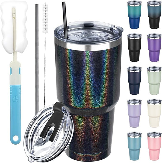 30 oz Tumbler with Lids and Straws, Stainless Steel Insulated Coffee Tumbler, Double Wall Vacuum Insulated Travel Mug Cup, Leakproof Thermal Coffee Cup for Hot and Cold Drinks (Glitter Black)