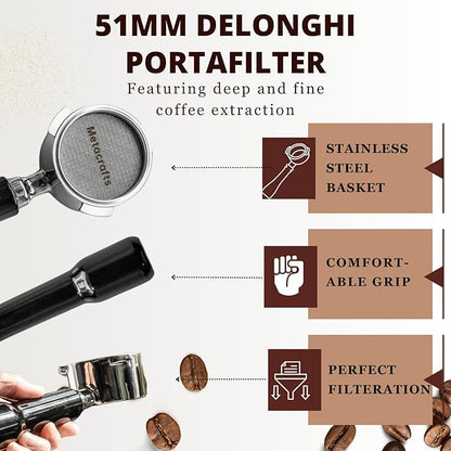 Espresso Portafilter 51mm Bottomless - Compatible for 51 mm Delonghi EC0680, E0685, SMEG & EUPA Coffee Machines - Open, Naked, Flat - Stainless Steel Filter Basket & Puck Screen Included (Black)