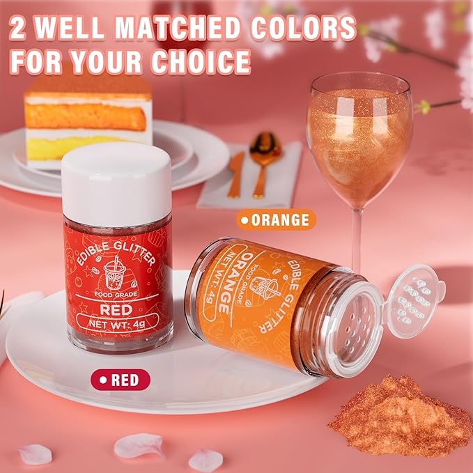 Cherrysea Edible Glitter for Drinks Cocktails Food Grade Edible Drink Shimmer Powder for DIY Champagne Beverages Wine 2 Colors Vegan Edible Luster Dust Set 4g/Bottle Gluten Free - Orange+Red