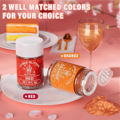 Cherrysea Edible Glitter for Drinks Cocktails Food Grade Edible Drink Shimmer Powder for DIY Champagne Beverages Wine 2 Colors Vegan Edible Luster Dust Set 4g/Bottle Gluten Free - Orange+Red