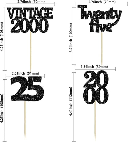 Gyufise 24Pcs 25th Birthday Cupcake Toppers Glitter Twenty-five Vintage 2000 Cheers to 25 Cupcake Picks Hello 25 Years Birthday Cake Decoration for Happy 25th Birthday Anniversary Party Supplies Black