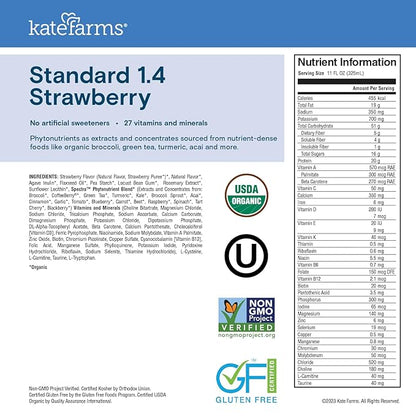 KATE FARMS Organic 1.4 High Calorie Nutrition Shake, Strawberry, 20g Protein, 27 Vitamins and Minerals, Meal Replacement, 11 oz (12 Pack)