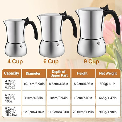 No Coating 4 Cup Thickened 304 Stainless Steel Moka Pot Stovetop Espresso Maker Italian Coffee Machine 200ml 6.8oz Suitable for Gas Induction Stovetop Greca Coffee Maker Percolator