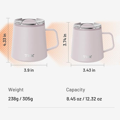 TKK 12 oz Insulated Coffee Mug with Handle Ceramic Coating Detachable Slider Lid Stainless Steel Tumbler Double Wall Vacuum Travel Cup