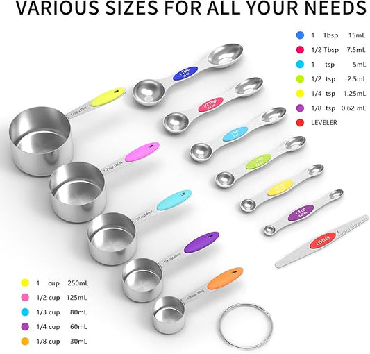 TILUCK measuring cups and magnetic measuring spoons set, stainless steel measuring cups, 6 double-sided stainless steel measuring spoons & 1 leveler (5+7)