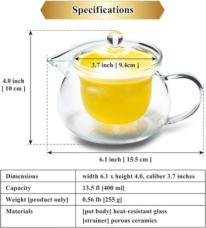 Heatproof Glass Teapot 13.5 fl (400 ml) with Removable Ceramic Infuser strainer Ha-Pot Made in Japan (Yellow)