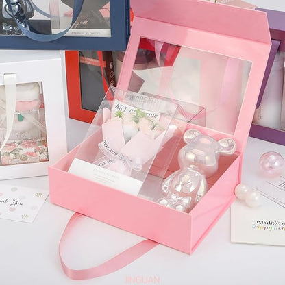 Pink Gift Box with Window, Clear Magnetic Gift Box with Handle for Present, Bridesmaid Proposal Box (10.5x7.5x3 Inches