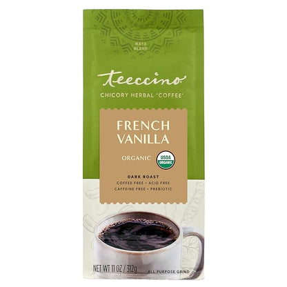 Teeccino Chicory Coffee Alternative – French Vanilla – Ground Herbal Coffee That’s Prebiotic, Caffeine-Free & Acid Free, Dark Roast, 11 Ounce