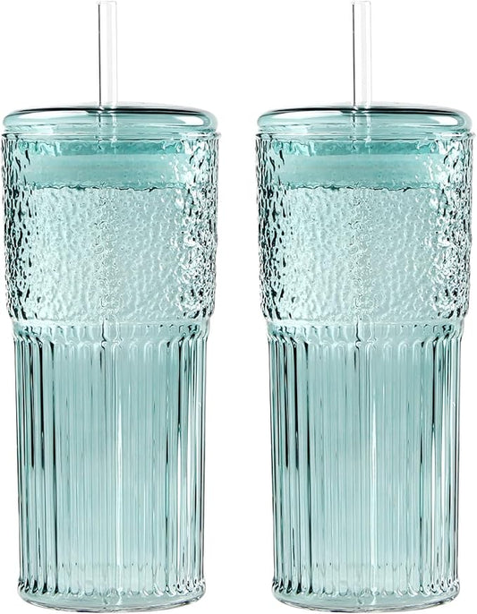 GOSCHE Glass Coffee Cups with Lids and Straws 20oz, High Borosilicate Drinking Jar Water Cups, Glass Tumbler for Tea Coffee Milkshake, Green, 2 Pcs