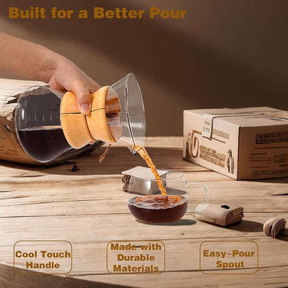 Pour Over Coffee Maker with Reusable Stainless Steel Drip Filter, Lead-Free Borosilicate Glass Coffee Carafe with Modern Wooden Collar for 1-4Cup, Circular Clear (600ml/20oz)