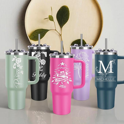 Personalized Tumblers with Engraved Name, Personalized Birthday Gifts for Men Women, Custom 40oz Stainless Steel Coffee Tumbler with Lids and Straws, Custom Travel Cup (40oz Engraved Tumbler)