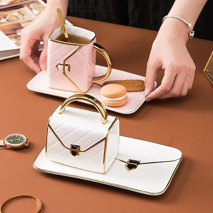 YnsfreeCeramic Purse Coffee Mugs Set Tea Cup Unique Bag shaped mug and Saucer Set with Spoon and Saucer For Women Thanksgiving Christmas Gifts (White)