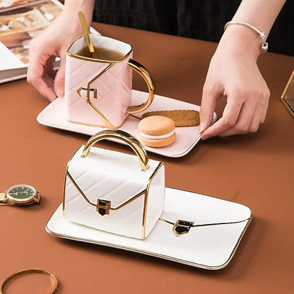 YnsfreeCeramic Purse Coffee Mugs Set Tea Cup Unique Bag shaped mug and Saucer Set with Spoon and Saucer For Women Thanksgiving Christmas Gifts (White)