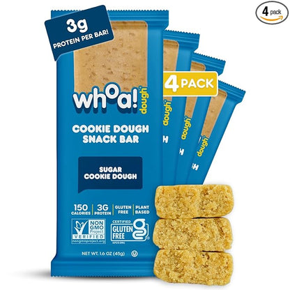 Whoa Dough Edible Cookie Dough Bars- Certified Non-GMO, Kosher and Gluten Free Bars - Healthy Snack Foods - Plant Based Snacks Made With Real Ingredients - Sugar Cookie Dough - 4 Pack
